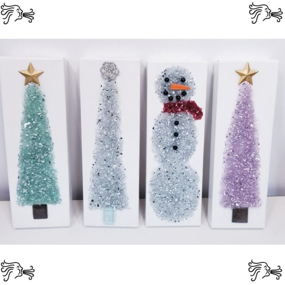 Crushed Glass & Resin Christmas Tree Snowman Winter Art Picture Wall Decor Home